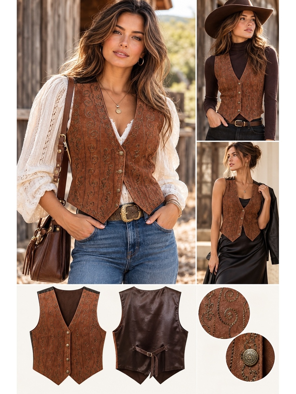 Vintage Karans Kollection Brown Suede Leather Embroidered Western Vest Small